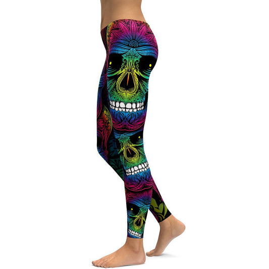 Rainbow Skull High-Waisted Leggings -- Plus Size Workout & Casual Slim Fit Pants (S-4XL)