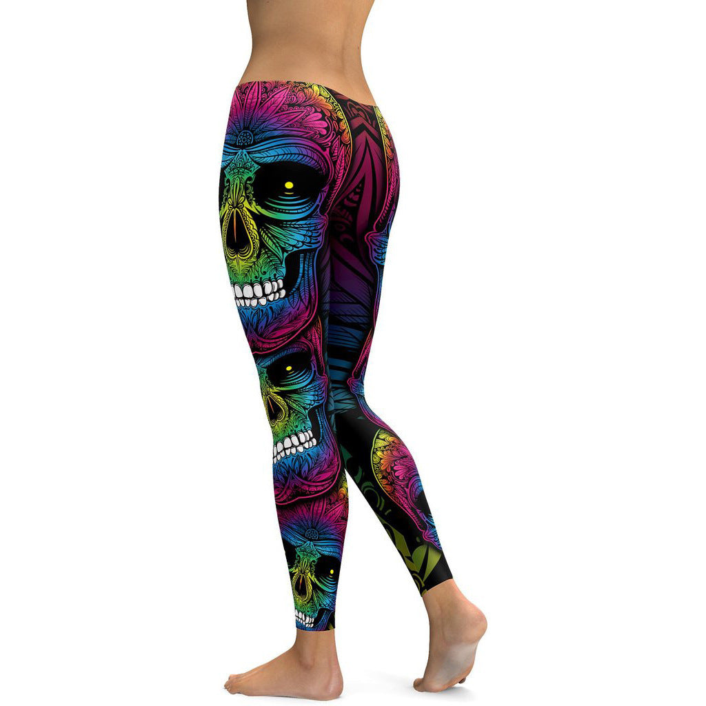 Rainbow Skull High-Waisted Leggings -- Plus Size Workout & Casual Slim Fit Pants (S-4XL)