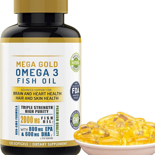 Mega Gold Omega-3 Fish Oil with Vitamin E - Brain, Heart, Skin Health Support