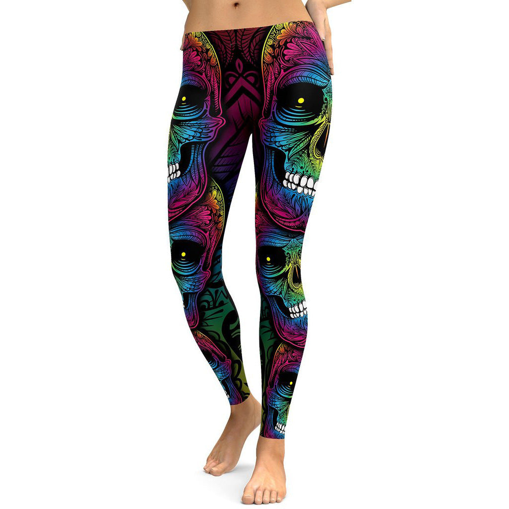 Rainbow Skull High-Waisted Leggings -- Plus Size Workout & Casual Slim Fit Pants (S-4XL)