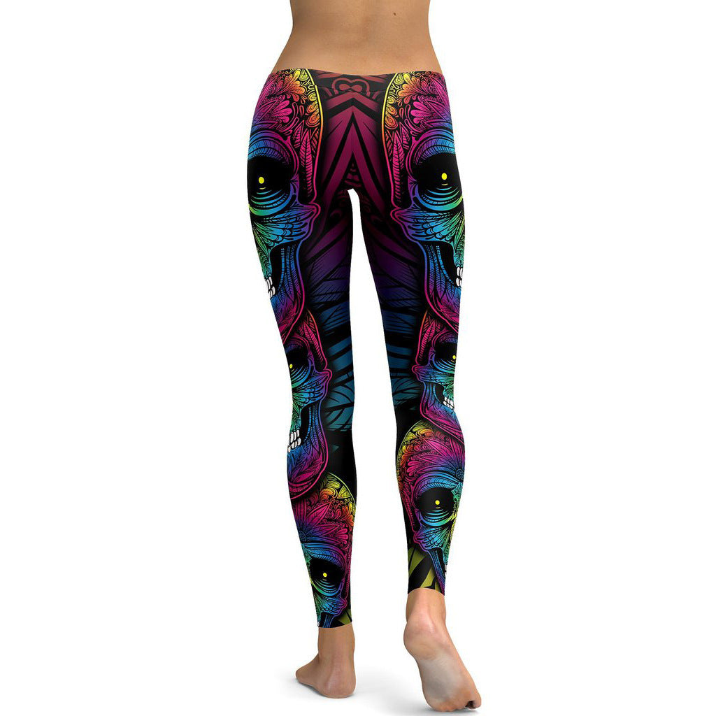 Rainbow Skull High-Waisted Leggings -- Plus Size Workout & Casual Slim Fit Pants (S-4XL)