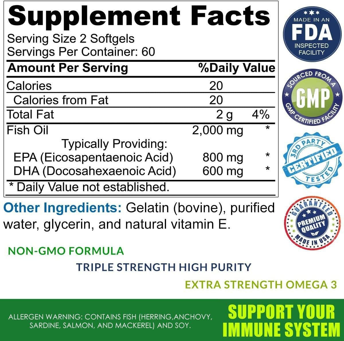 Mega Gold Omega-3 Fish Oil with Vitamin E - Brain, Heart, Skin Health Support