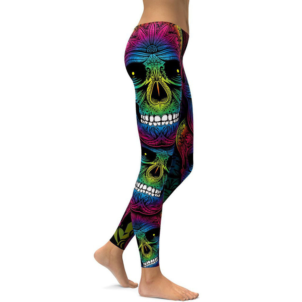 Rainbow Skull High-Waisted Leggings -- Plus Size Workout & Casual Slim Fit Pants (S-4XL)
