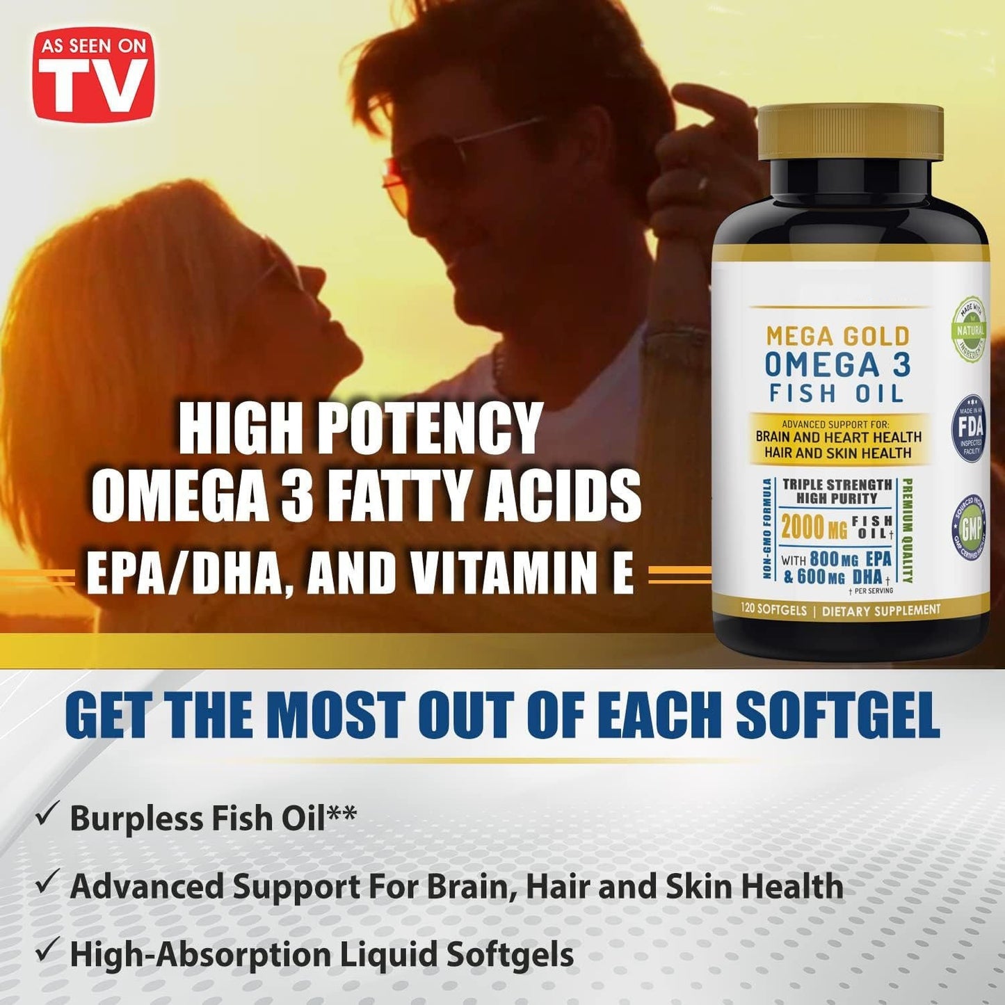 Mega Gold Omega-3 Fish Oil with Vitamin E - Brain, Heart, Skin Health Support